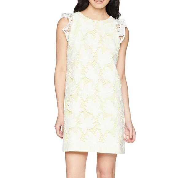 Tahari Petite White and Yellow Ruffle Sleeve Floral Embroidered Sheath Dress - Picture 3 of 9